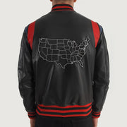 
Liberte USA Black Leather Varsity Jacket - Seitenansicht mit ergonomischem Ärmelschnitt & sportlicher Passform