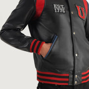 
Detailansicht of Varsity & Snap Button Hardware on Liberte USA Black Leather Varsity Jacket
