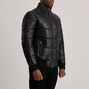 
Blue Sheepskin Leather Bomber Jacket - Rückansicht mit passgenauen Schultern & sauberem Saum