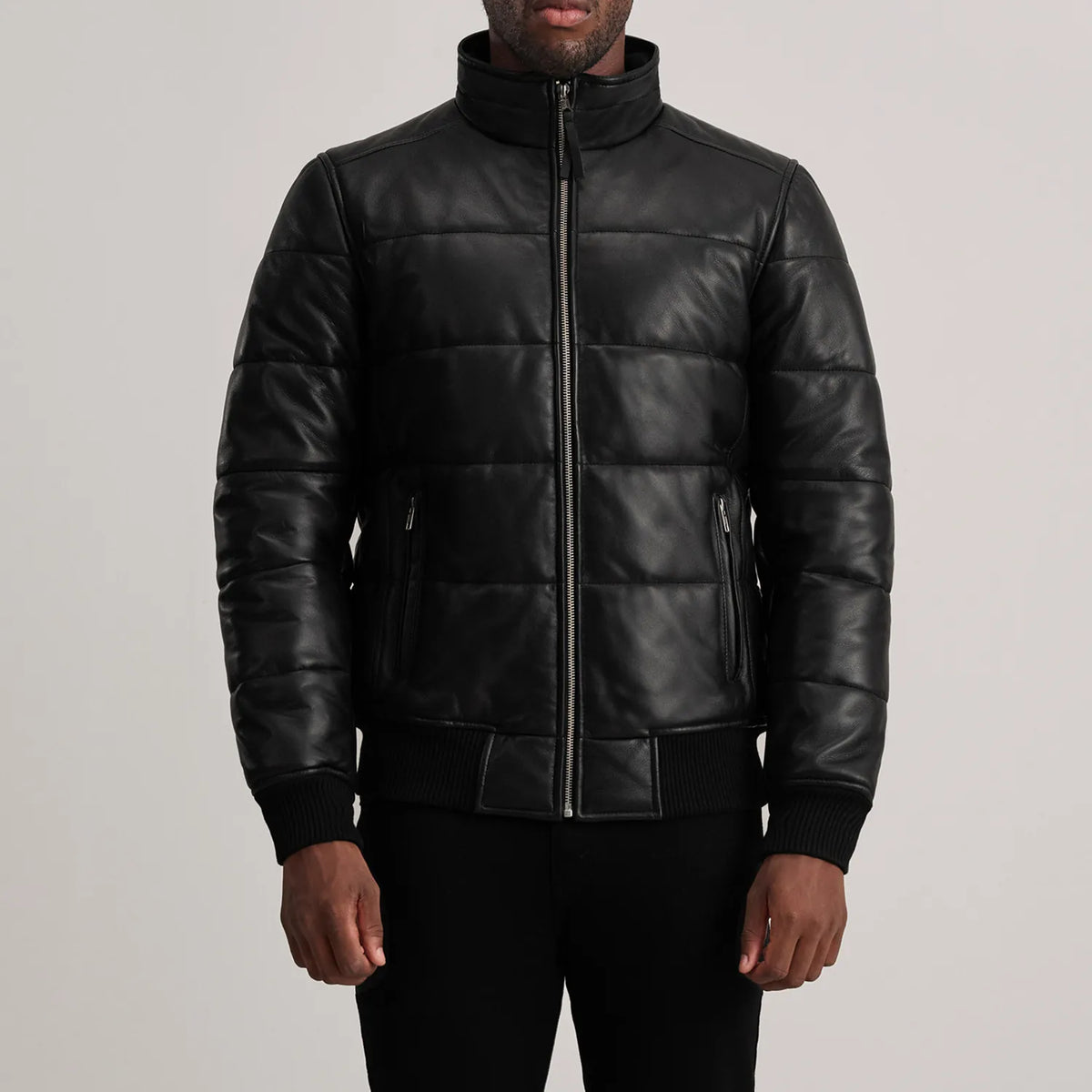 
Detailansicht of High neck & Zipper Hardware on Lucas Blue Leather Puffer Bomber Jacket