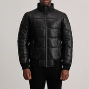 
Detailansicht of High neck & Zipper Hardware on Lucas Blue Leather Puffer Bomber Jacket
