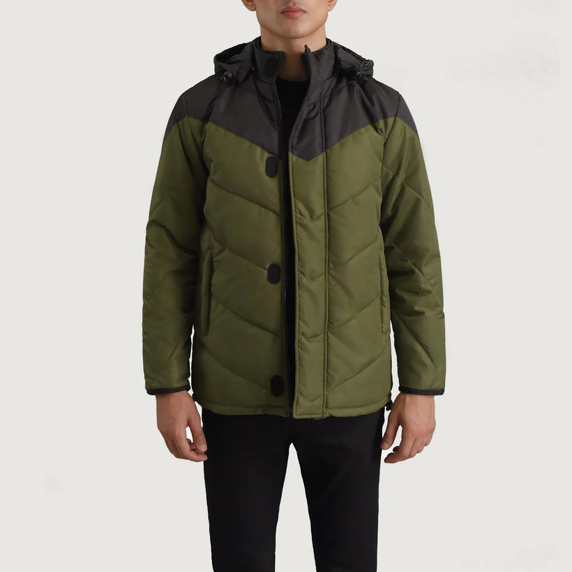 Luka Schwarz & Grün Hooded Puffer Lederjacke für Herren