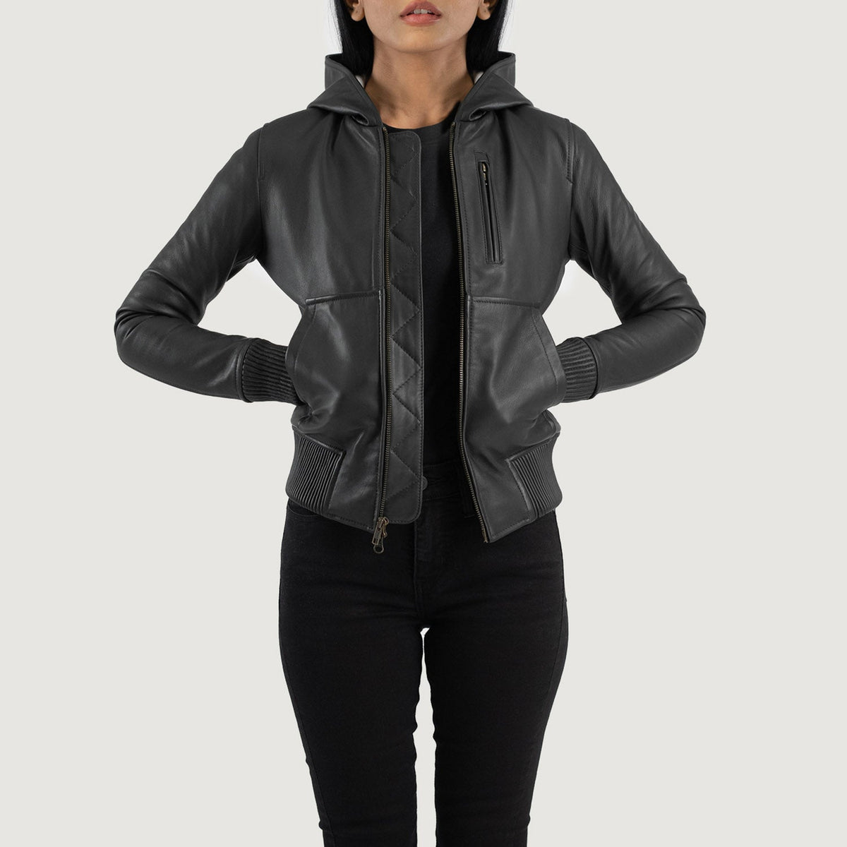 
Luna Hooded Leder-Bomberjacke für Damen – alternate product view 1