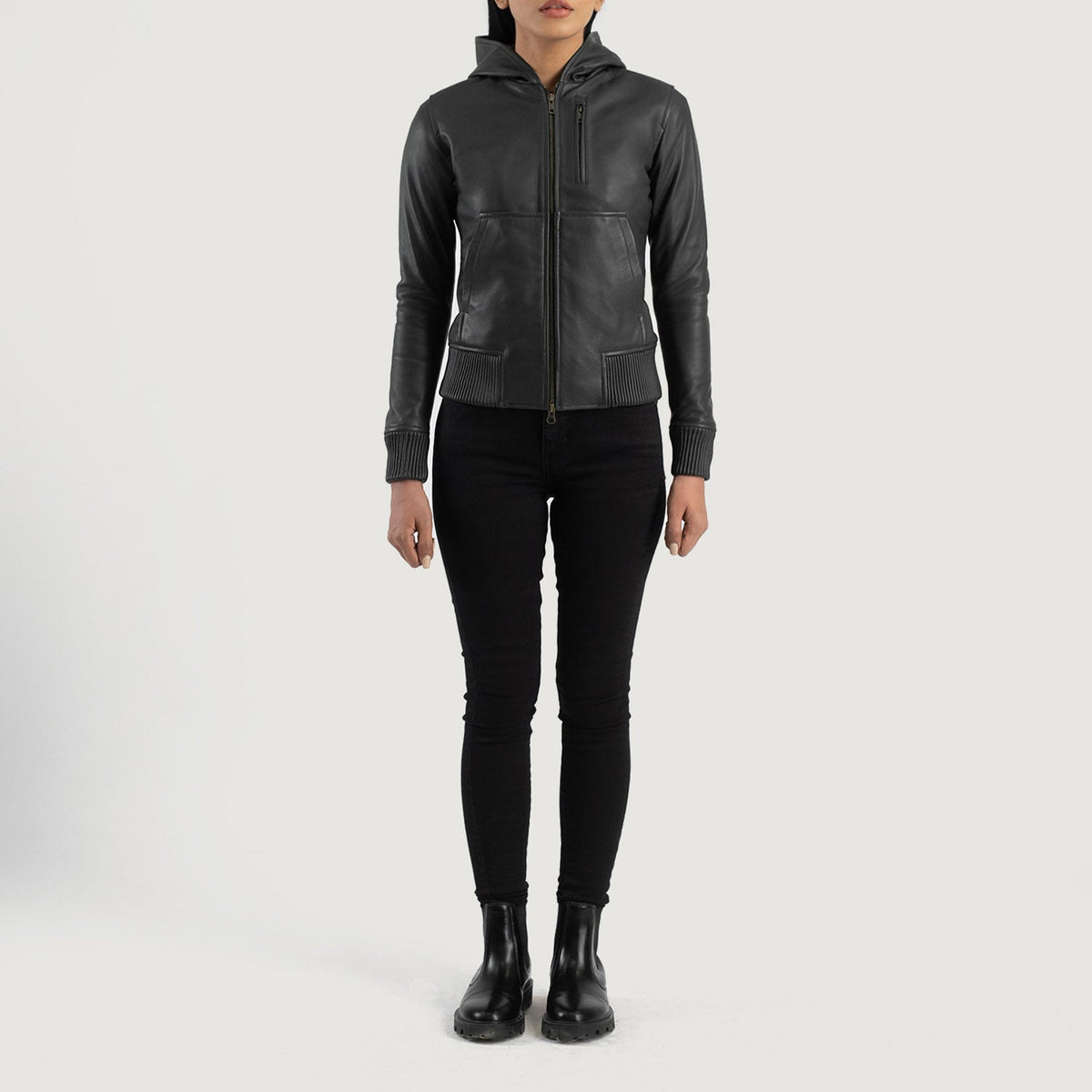 
Luna Hooded Leder-Bomberjacke für Damen – alternate product view 3
