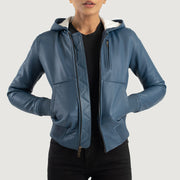 
Luna Blue Hooded Leather Bomber Jacket in Blue Sheepskin Leather - Vorderansicht & maßgeschneiderte Silhouette | Online Kaufen