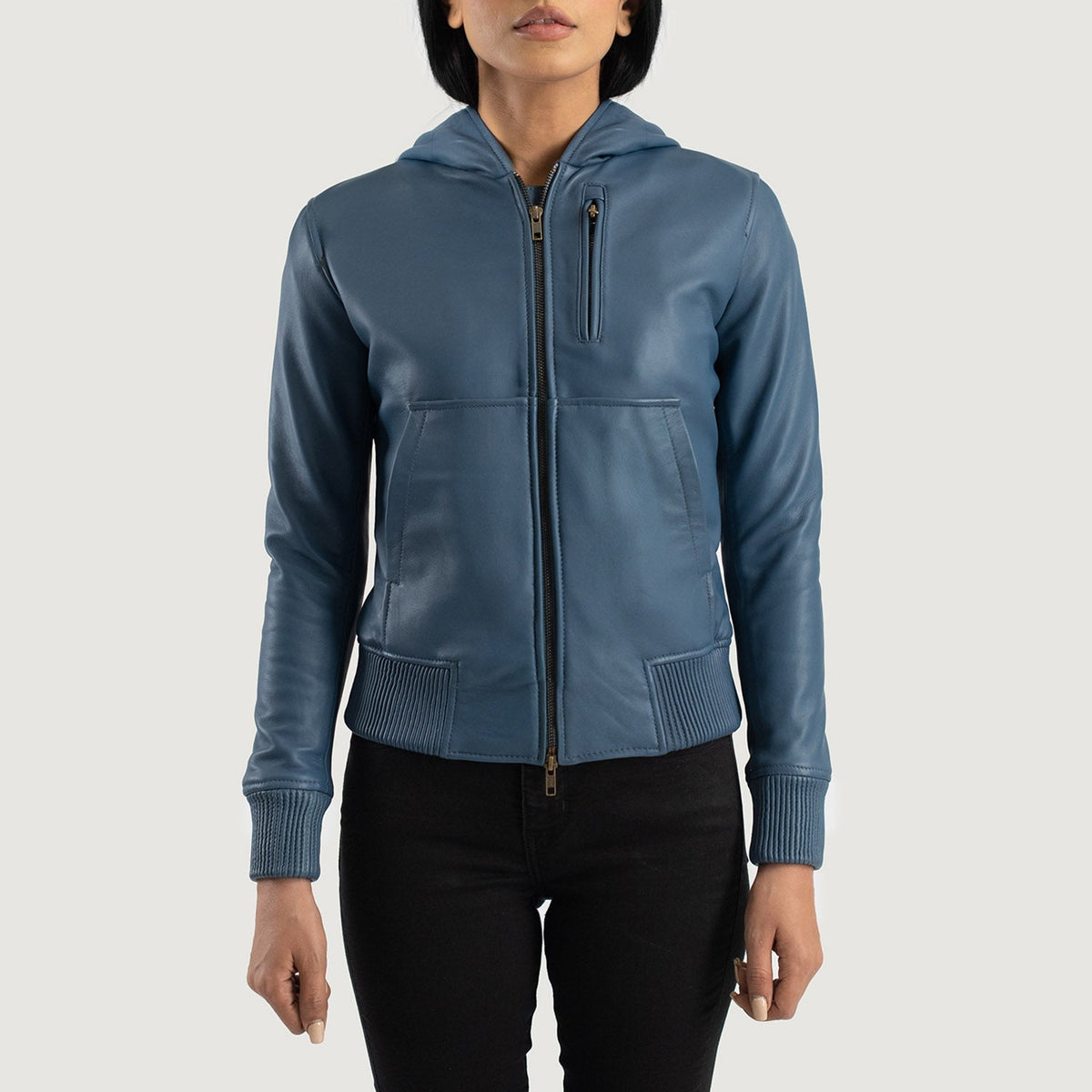
Detailansicht of Hooded & Zipper Hardware on Luna Blue Hooded Leather Bomber Jacket