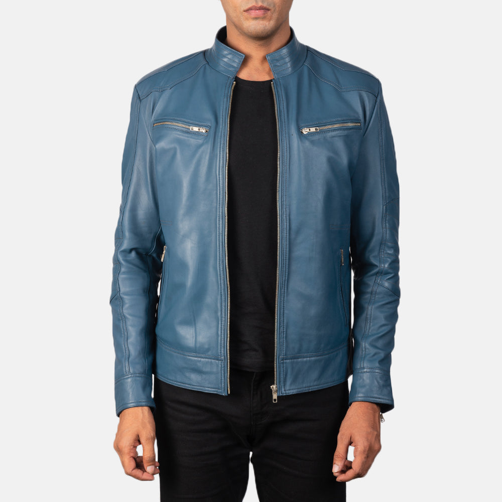 Mack Blau Leder-Bikerjacke für Herren in Blue Sheepskin Leather - Vorderansicht &amp; maßgeschneiderte Silhouette | Online Kaufen