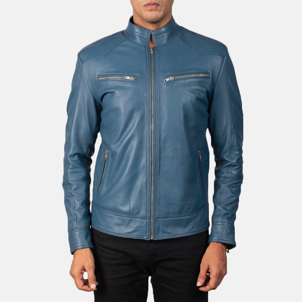 Detailansicht of Band &amp; Zipper Hardware on Mack Blau Leder-Bikerjacke für Herren