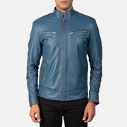 Detailansicht of Band &amp; Zipper Hardware on Mack Blau Leder-Bikerjacke für Herren