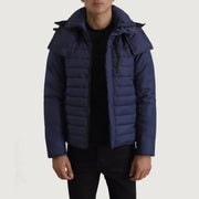 
Malcolm Blau Hooded Puffer Lederjacke für Herren in Blue Full-Grain Leather - Vorderansicht & maßgeschneiderte Silhouette | Online Kaufen
