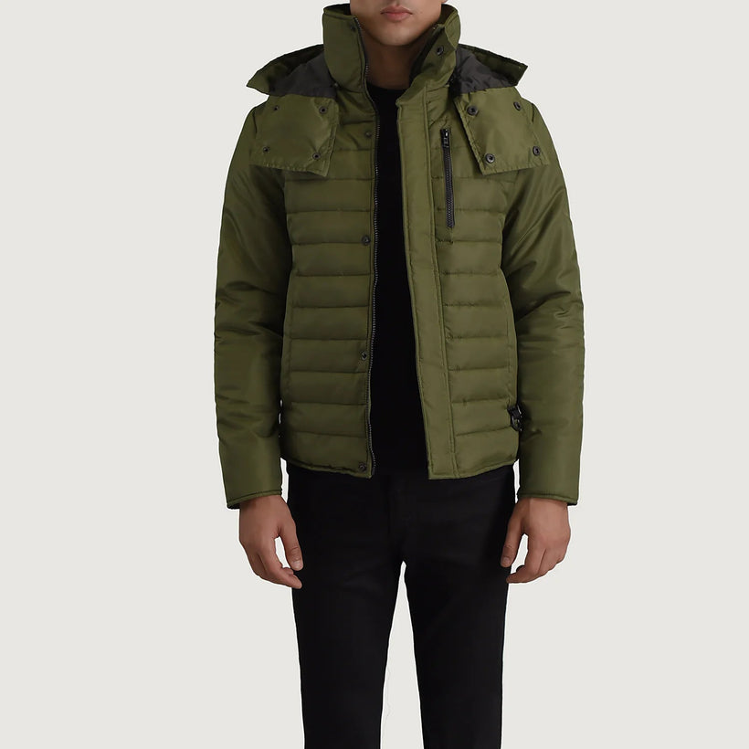 Malcolm Grün Hooded Puffer Lederjacke für Herren