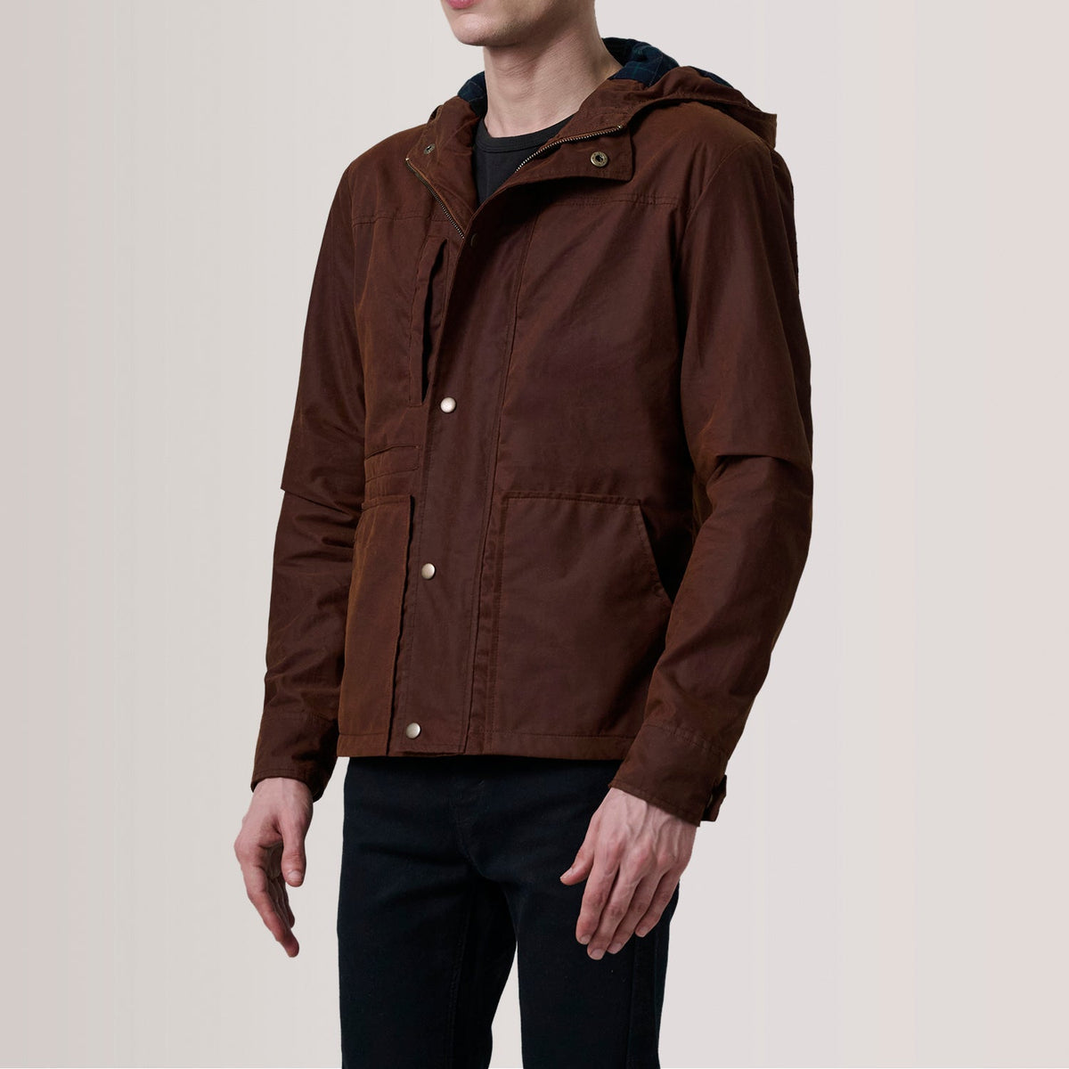 Marlo Braun Canvas Hooded Work Lederjacke für Herren For Men - Seitenansicht mit ergonomischem Ärmelschnitt