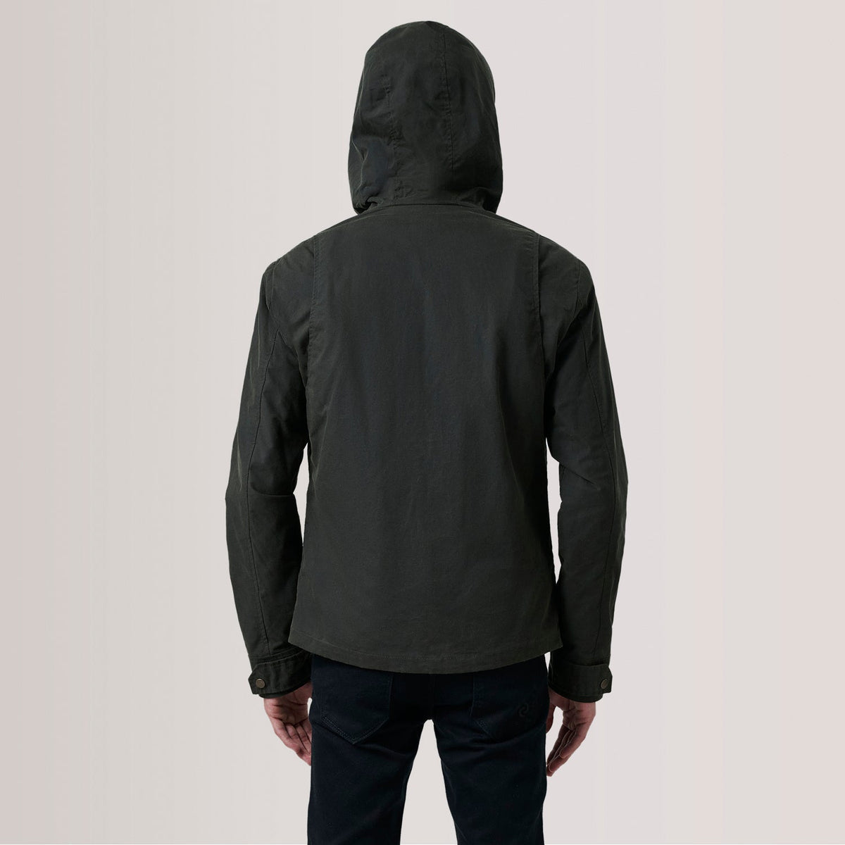 Detailansicht of Hooded &amp; Zipper with placket Hardware on Marlo Olive Canvas Hooded Work Lederjacke für Herren For Men
