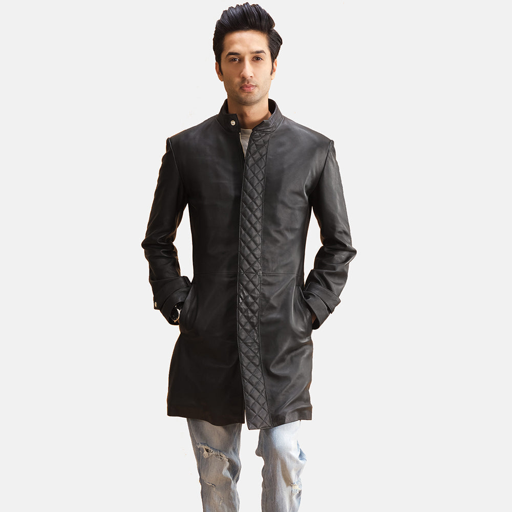 Men's Midlander Gesteppt Schwarz Ledermantel für Herren in Black Sheepskin Leather - Vorderansicht &amp; maßgeschneiderte Silhouette | Online Kaufen