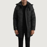 
Moore Schwarz Hooded Parka für Herren in schwarzem Rindleder - Vorderansicht & maßgeschneiderte Silhouette | Online Kaufen