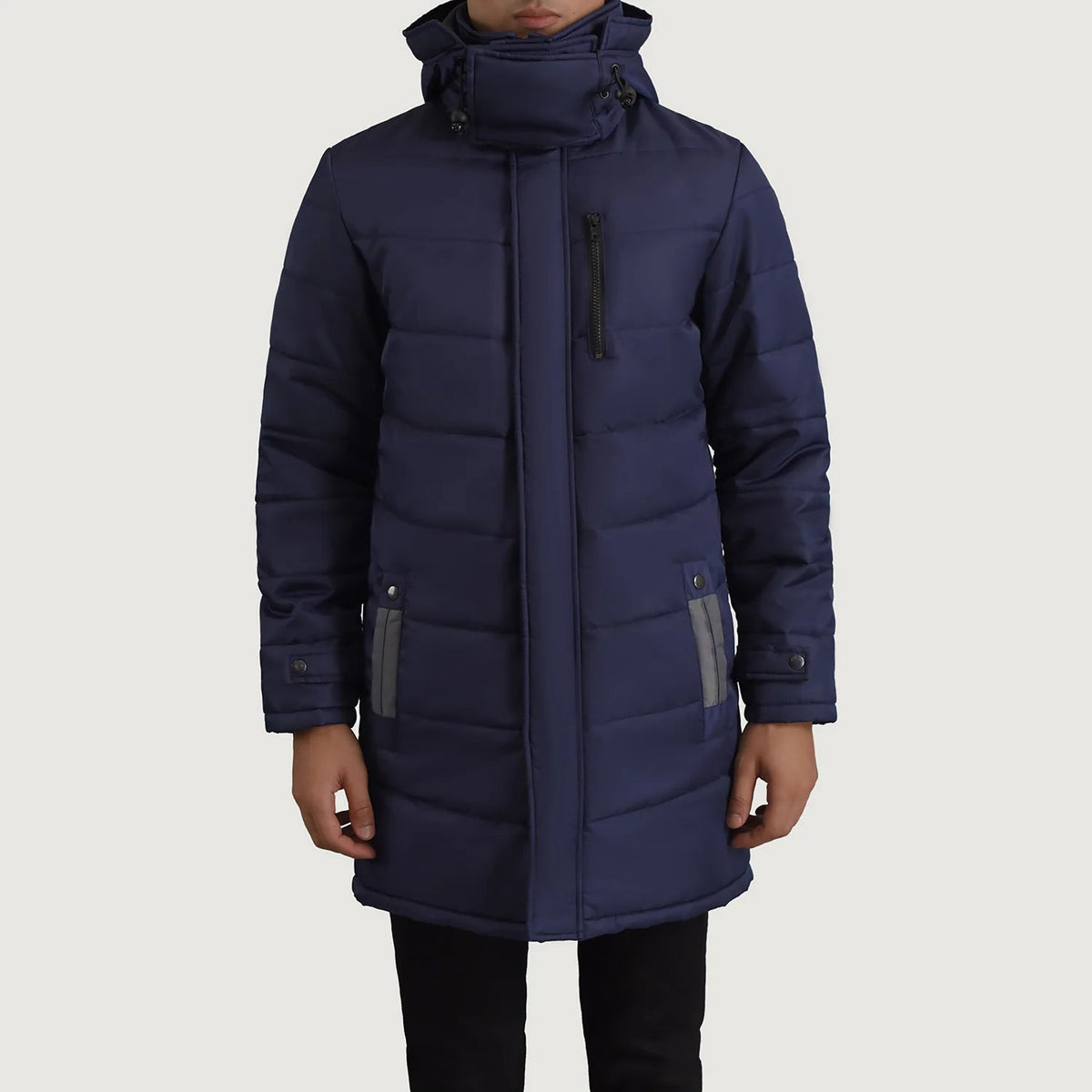 
Detailansicht of Classic Collar & Zipper With Snap Button Placket Hardware on Moore Blau Hooded Parka für Herren