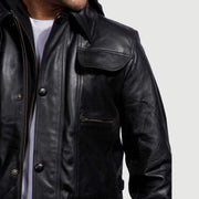 Men's Moulder Hooded Schwarz Lederjacke für Herren - Seitenansicht mit ergonomischem Ärmelschnitt