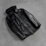 Zipper &amp; Hem Craftsmanship Construction Detail on Men's Moulder Hooded Schwarz Lederjacke für Herren