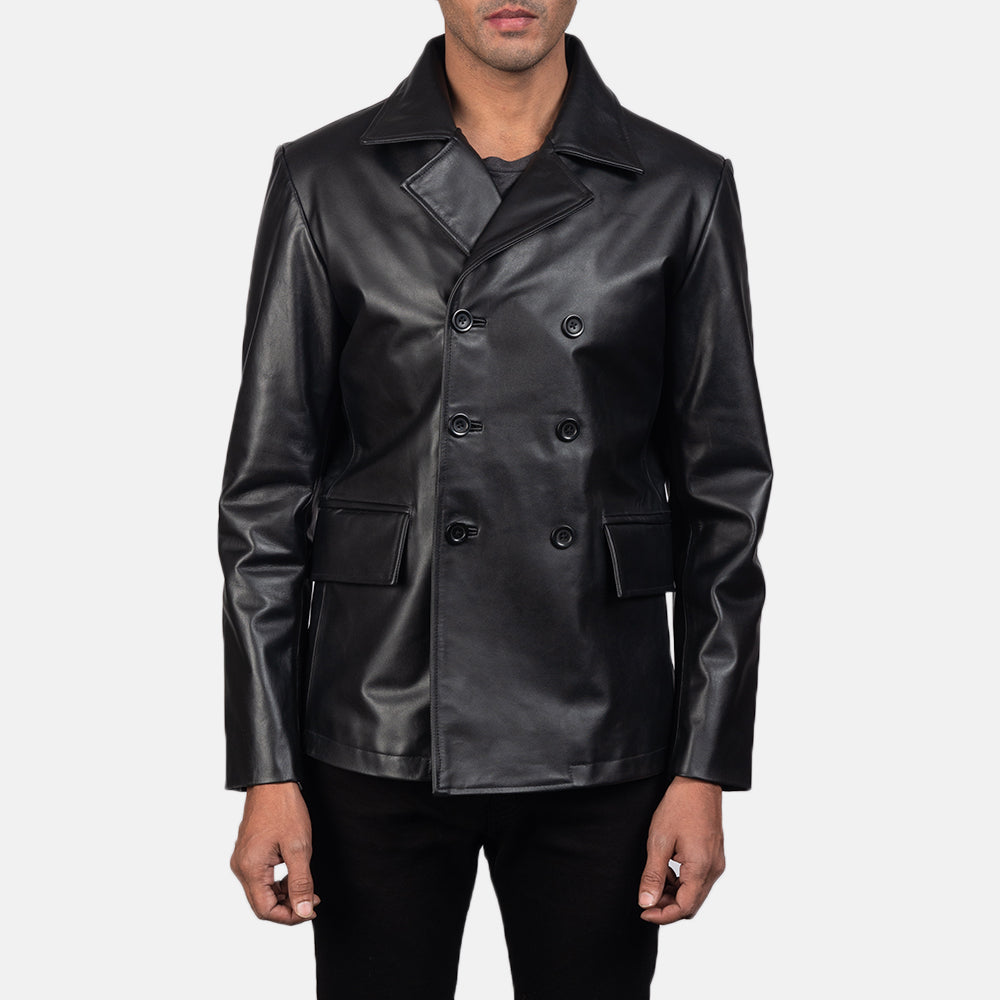 
Mr. Bailey Schwarz Leather Naval Peacoat für Herren in Black Cowhide Leather - Vorderansicht & maßgeschneiderte Silhouette | Online Kaufen