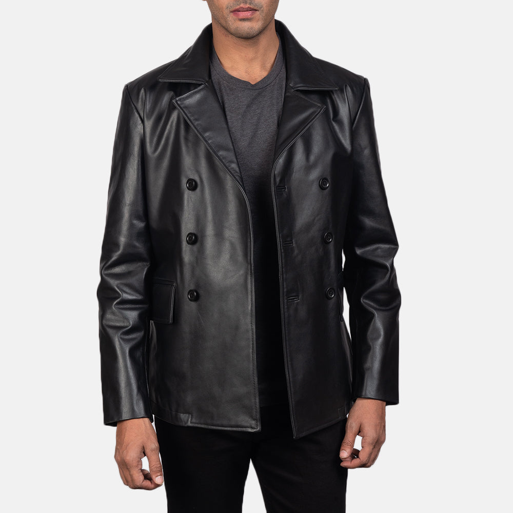 
Detailansicht of Notch & Buttons Hardware on Mr. Bailey Schwarz Leather Naval Peacoat für Herren