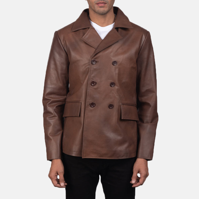 Mr. Bailey Braun Leather Naval Peacoat für Herren