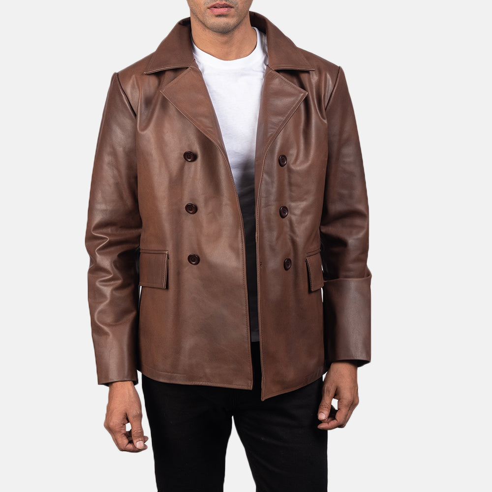 
Detailansicht of Notch & Buttons Hardware on Mr. Bailey Braun Leather Naval Peacoat für Herren