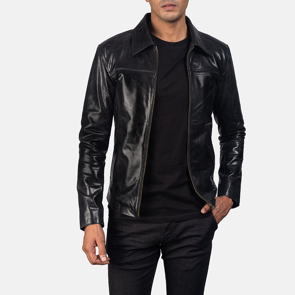 Men's Mystical Black Leather Jacket in Black Cowhide Leather - Vorderansicht &amp; maßgeschneiderte Silhouette | Online Kaufen