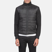 
Detailansicht of High Neck & Zipper with wind flap Hardware on Nashville Gesteppt Schwarz Windbreaker Lederjacke für Herren