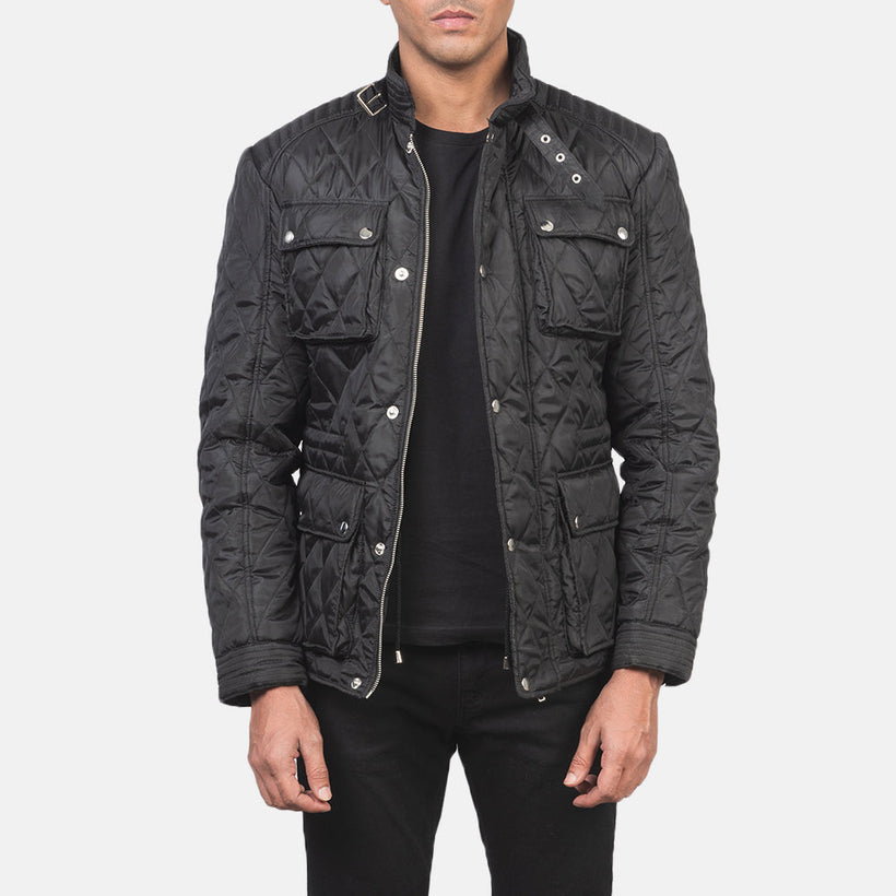 Men's Nelson Quilted Black Windbreaker Jacket in Black Polyester - Front Profile View & Tailored Silhouette | Buy Online