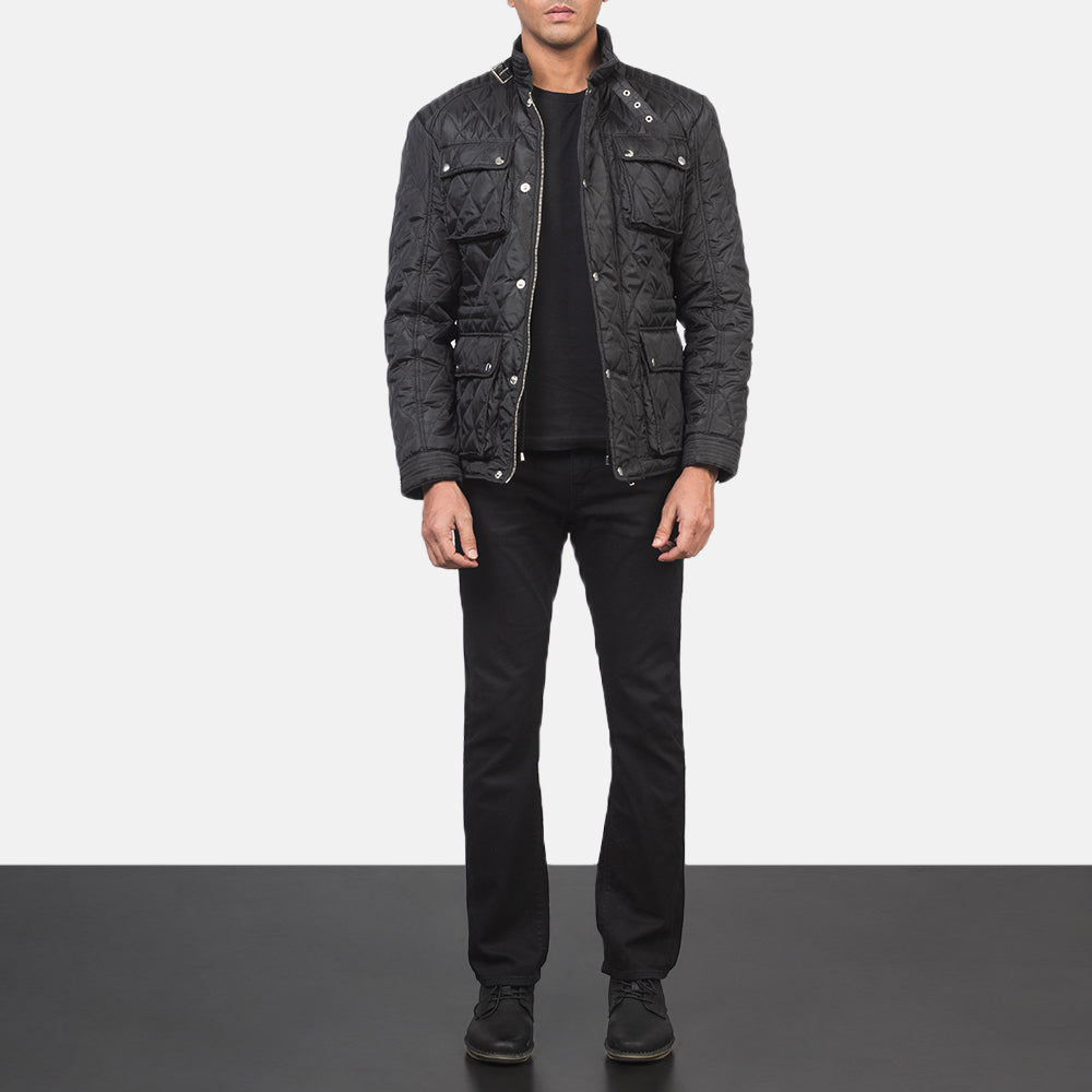 Men's Nelson Gesteppt Schwarz Windbreaker Lederjacke für Herren - Seitenansicht mit ergonomischem Ärmelschnitt
