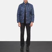 Detailansicht of Belted Band &amp; Zipper with Front Button Flap Hardware on Men's Nelson Quilted Blue Windbreaker Jacket