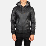 Detailansicht of Hooded &amp; Zipper Hardware on Men's Nintenzo Black Hooded Leather Jacket