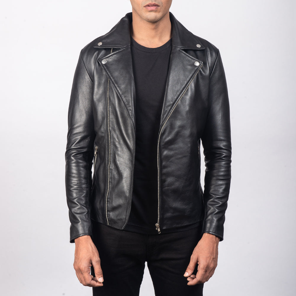 Men's Noah Black Leather Biker Jacket in Black Sheepskin Leather - Vorderansicht &amp; maßgeschneiderte Silhouette | Online Kaufen