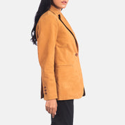 Close-Up Detail of Notch & Button Hardware on Women's Norma Brown Suede Blazer
