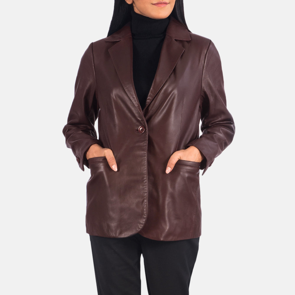Button & Hem Craftsmanship Construction Detail on Women's Norma Brown Suede Blazer