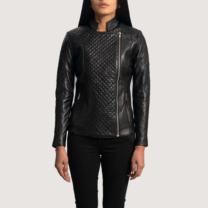 Orient Grain Gesteppt Schwarz Leder-Bikerjacke für Damen