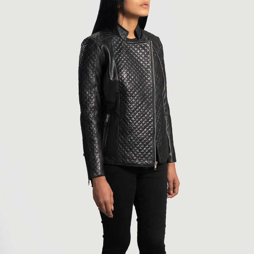 Orient Grain Gesteppt Schwarz Leder-Bikerjacke für Damen