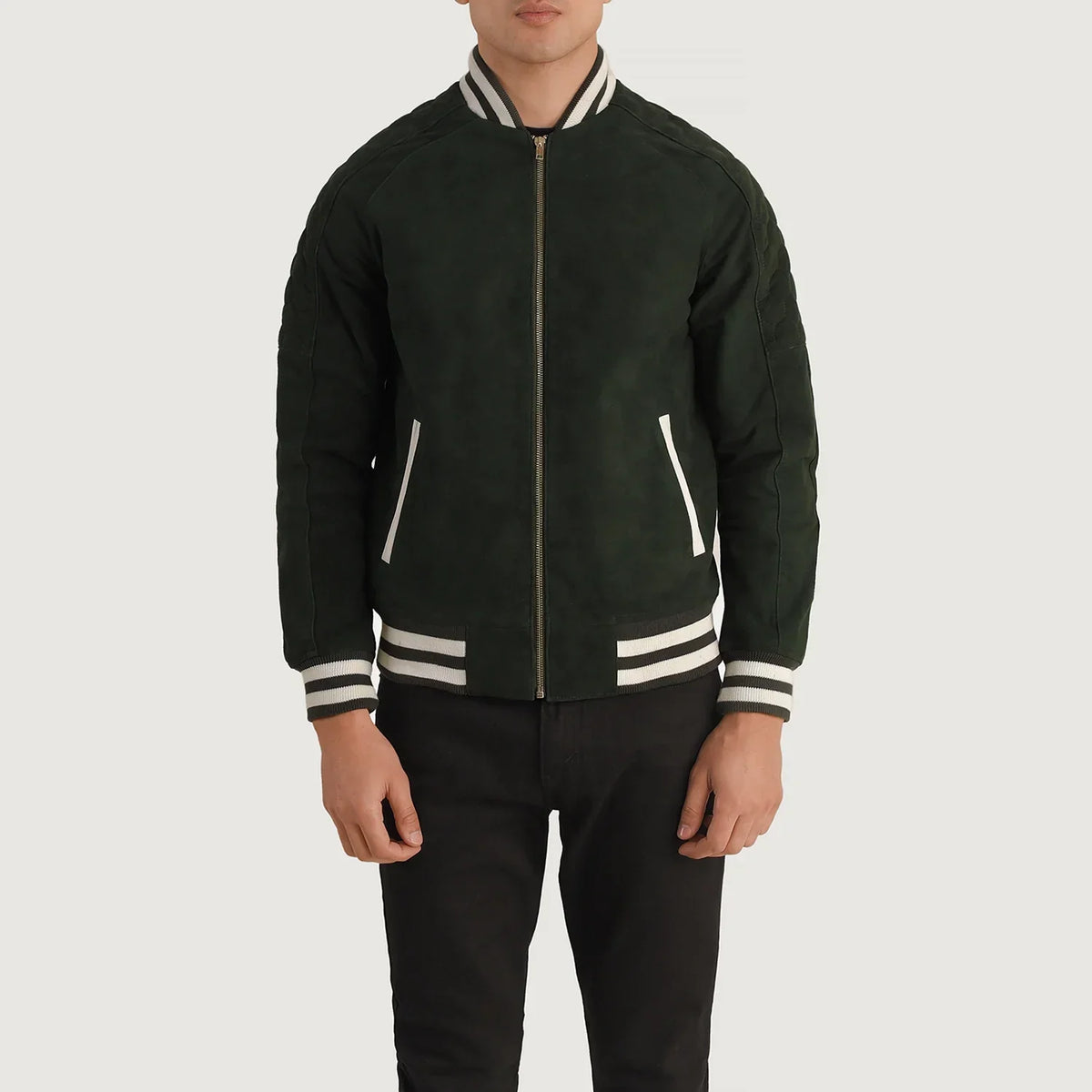 Detailansicht of Varsity collar &amp; Zipper Hardware on Pascal Grün Suede Varsity Lederjacke für Herren