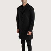 
Black Synthetic Wool Trench Coat - Rückansicht mit passgenauen Schultern & sauberem Saum