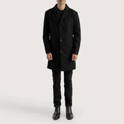 
Petrillo Schwarz Wool Single Breasted Ledermantel für Herren - Seitenansicht mit ergonomischem Ärmelschnitt & sportlicher Passform
