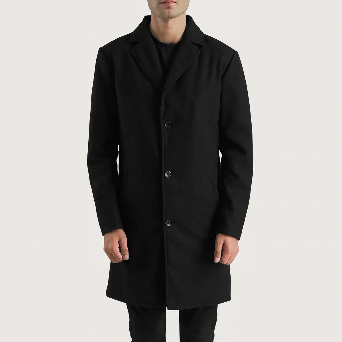 
Detailansicht of Notch & Button Hardware on Petrillo Schwarz Wool Single Breasted Ledermantel für Herren