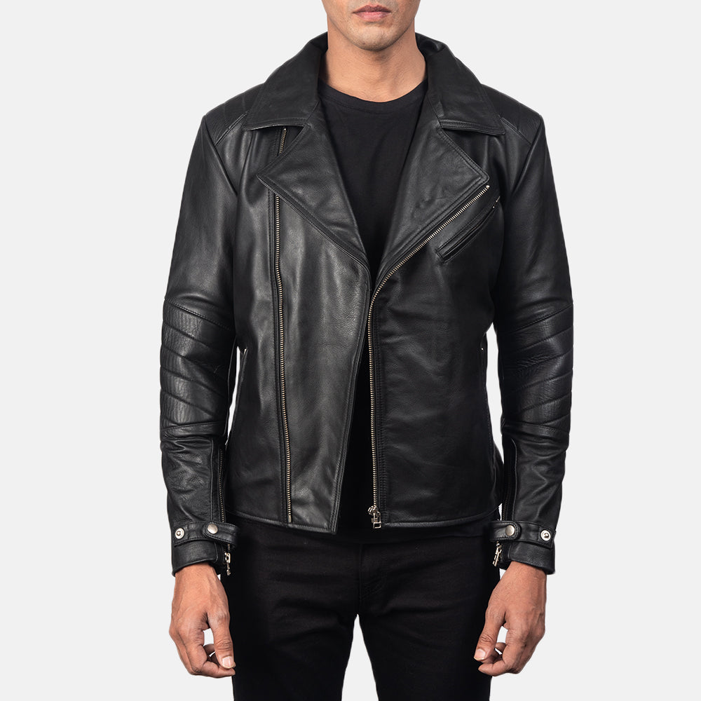 Men's Raiden Black Leather Biker Jacket in Black Cowhide Leather - Vorderansicht &amp; maßgeschneiderte Silhouette | Online Kaufen