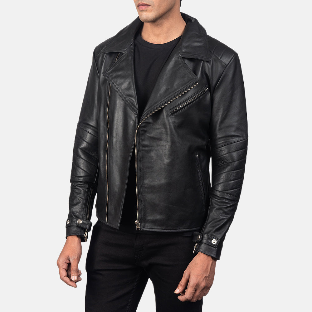 Black Cowhide Leather Biker Jacket - Rückansicht mit passgenauen Schultern &amp; sauberem Saum