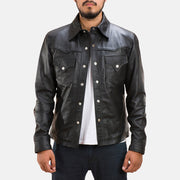 Men's Ranchson Schwarz Leather Shirt für Herren in Black Sheepskin Leather - Vorderansicht &amp; maßgeschneiderte Silhouette | Online Kaufen