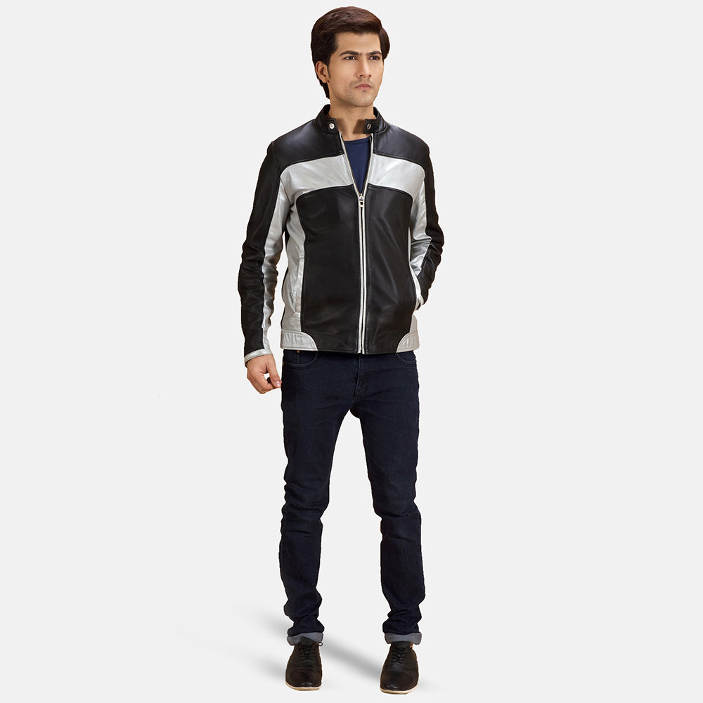 
Detailansicht von Stehkragen mit Druckknopf & Reißverschluss an Randolf Silver Schwarz Leder-Bikerjacke für Herren