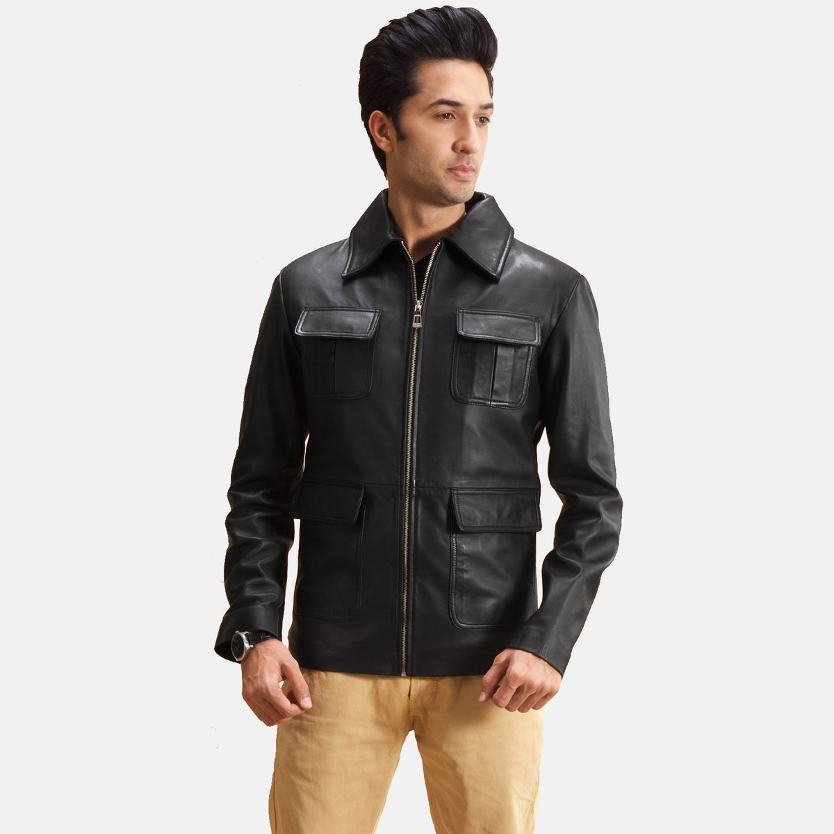 
Raven Schwarz Lederjacke für Herren in Black Sheepskin Leather - Vorderansicht & maßgeschneiderte Silhouette | Online Kaufen