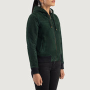 
Green Goatskin Suede Bomber Jacket - Rückansicht mit passgenauen Schultern & sauberem Saum