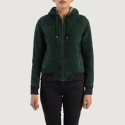 
Detailansicht of Hooded & Zipper Hardware on Rebella Green Hooded Suede Bomber Jacket