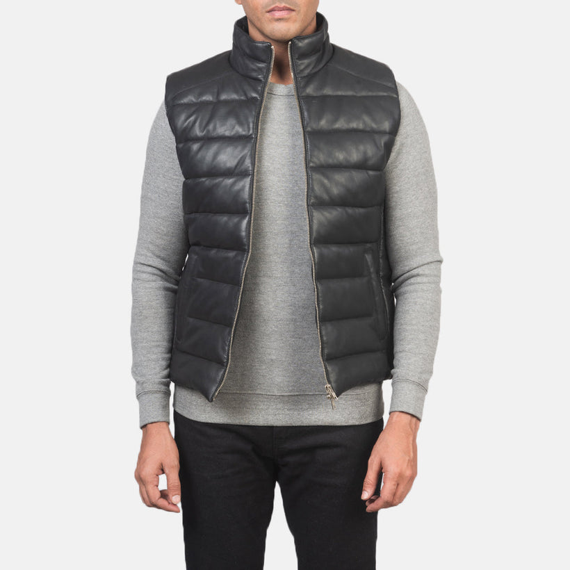 Reeves Schwarz Leather Puffer Vest für Herren