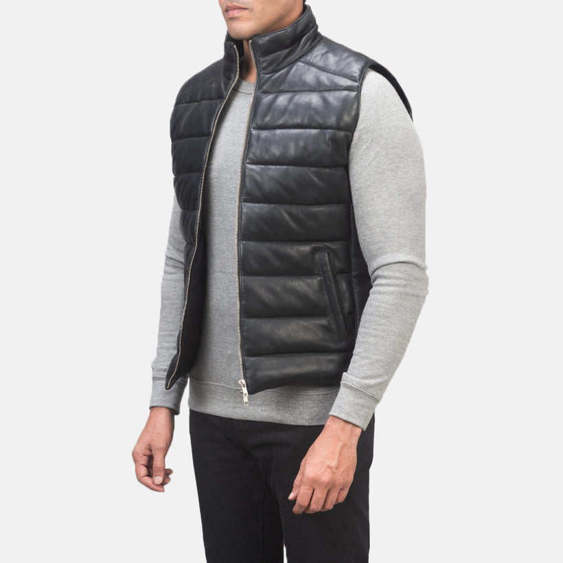 Reeves Schwarz Leather Puffer Vest für Herren